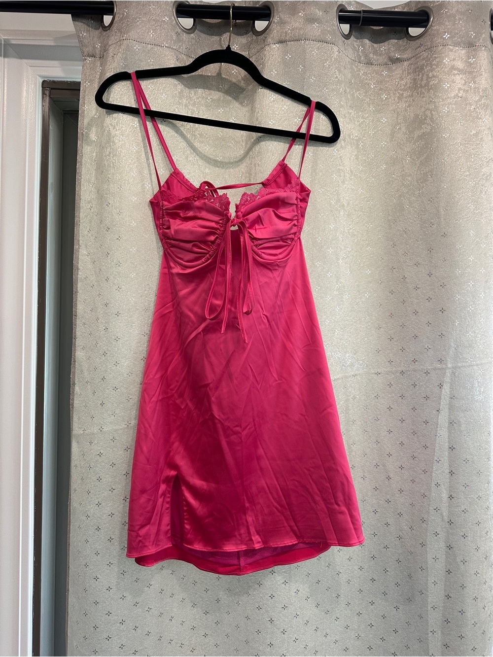 Fuchsia Satin dress with Lace Tie Front